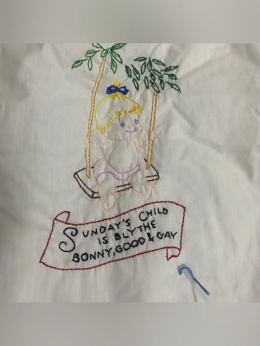 Vtg Child Baby Embroidered Monday’s Child Nursery Rhyme Tie Quilt 42” x 52”